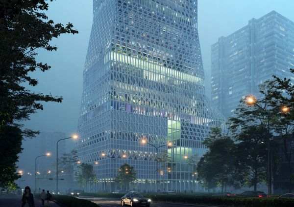 Render grattacielo urbano che respira a Futian, Shenzhen